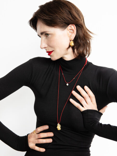 Long Red Cord & Pearl Necklace