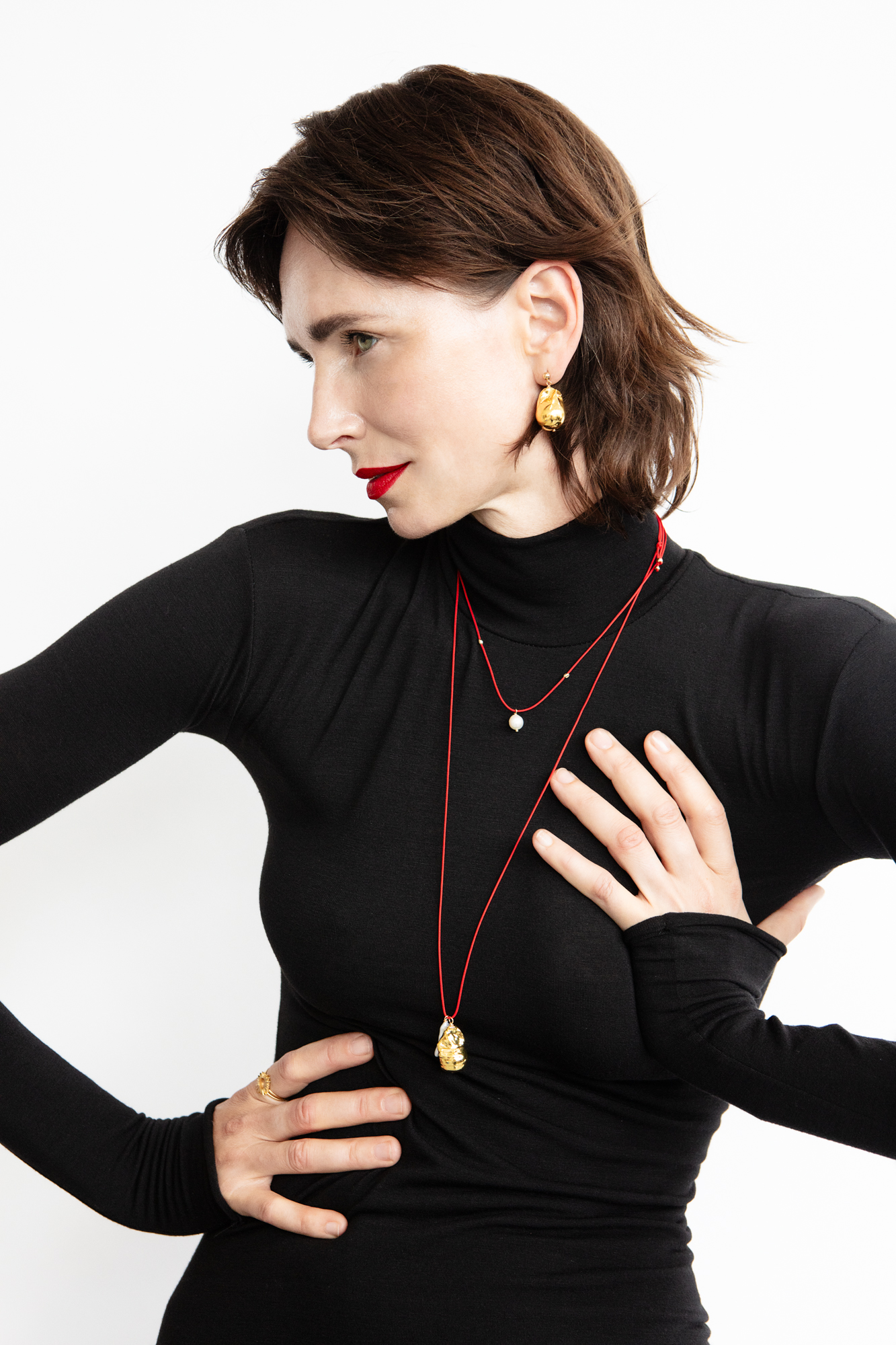 Long Red Cord Pearl Necklace